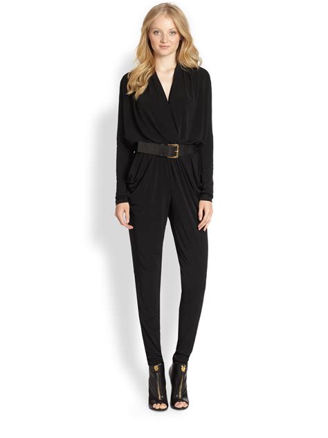 michael michael kors jessilyn belted surplice knit jumpsuit black|Michael Kors rompers.